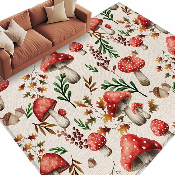 Red Mushroom Washable Area Rug 5 x 7 ft Vegetables Plants Leaf Pine Cone Rustic, Soft Non Slip Rugs Stain Repellent Indoor Felt Carpet for Living Dining Room Bedroom Home Office