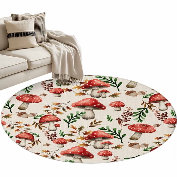 Red Mushroom Washable Round Area Rug 4 ft, Vegetables Plants Leaf Pine Cone Rustic, Soft Non Slip Rugs Stain Repellent Indoor Felt Carpet for Living Dining Room Bedroom Home Office