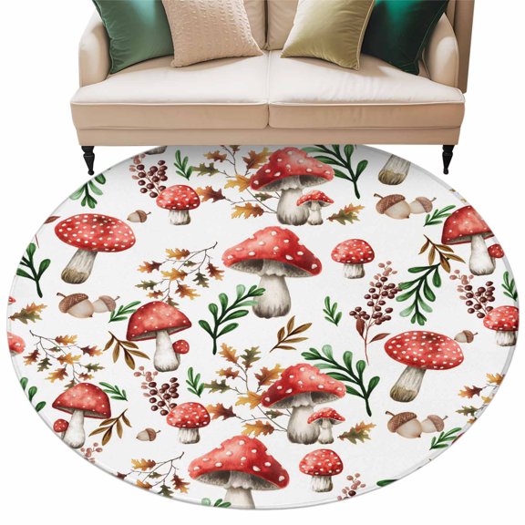 Red Mushroom Washable Round Area Rug 6 ft, Vegetables Plants Leaf Pine Cone, Soft Non Slip Rugs Stain Repellent Indoor Felt Carpet for Living Dining Room Bedroom Home Office