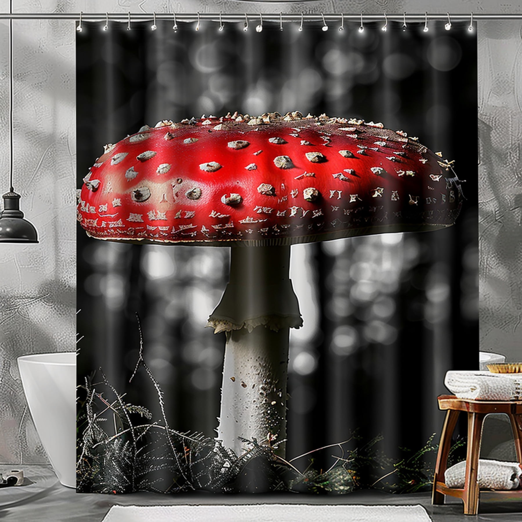 Red Mushroom with White Spots Shower Curtain Black and Gray Bathroom