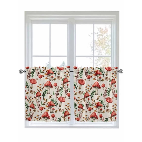 Red Mushrooms 2 Panel Kitchen Curtains for Small Windows, Maple Leaves Plants Vintage Botanical Bathroom Tier Curtain, Short Window Treatment for Bedroom/Living Room 55"x36"