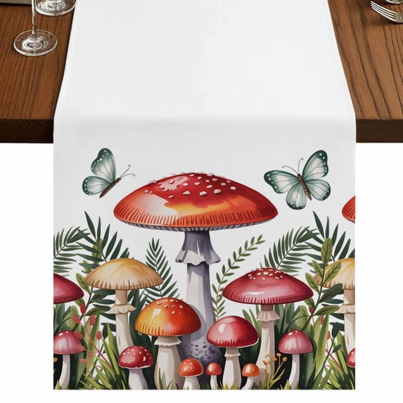 Red Mushrooms 90 Inch Table Runner, Spring Forest Leaves Butterfly Plants Farmhouse Dresser Scarf Cotton & Linen Tablerunner for Dining/Kitchen Island/Holiday Party Décor 13" x 90"