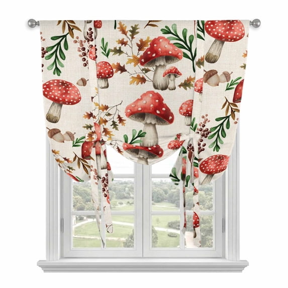 Red Mushrooms Balloon Curtains for Bedroom/Front Door/Bathroom, Maple Leaves Plants Vintage Botanical Tie Up Curtains 63 Inch Length Light Filtering Kitchen Curtains Shades for Windows 46"x63"