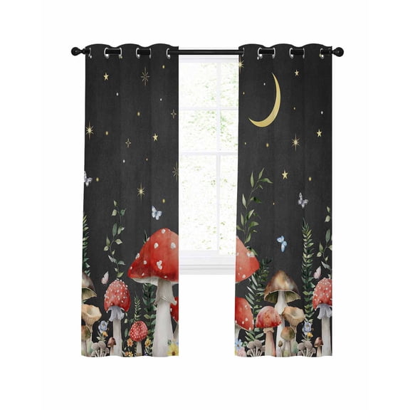 Red Mushrooms Blackout Curtains for Bedroom Living Room, Plants Leaves Black Night Sky Stars Moon 90 In Long Thermal Insulated Room Darkening Drapes Grommet Window Treatments, 52 x 90 In