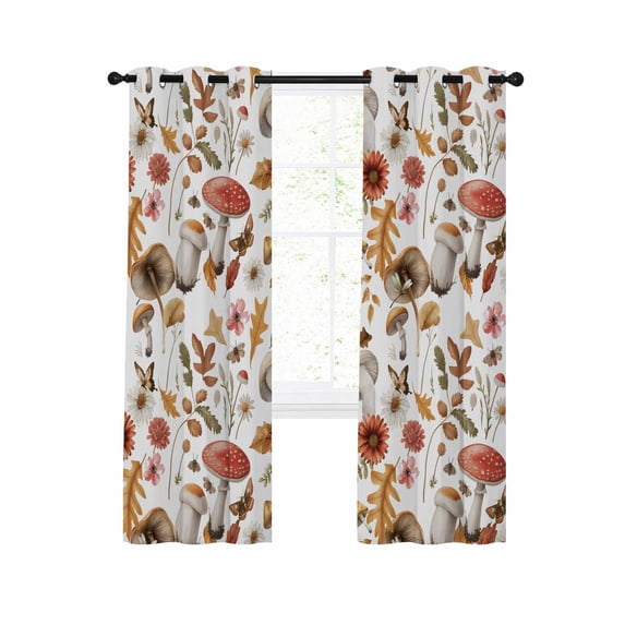 Red Mushrooms Blackout Curtains, Light Blocking Print Window Curtains, Elegant Pastoral Botanical Watercolor Thermal Insulated Window Drapes for Living Room Kitchen Cafe 2 Panels, 104"W x 52"L