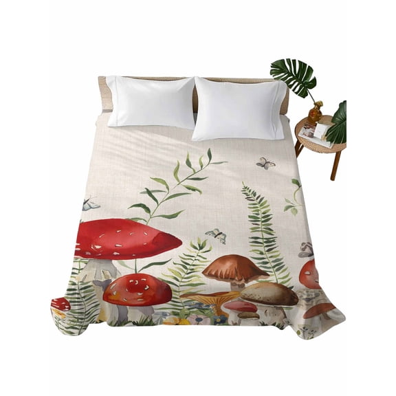 Red Mushrooms Flat Sheets Only King Size, Soft Breathable Bed Top Sheets for Mattress, Sage Green Eucalyptus Butterflies Plants Luxury Bedding Flat Sheets for Home Hotel Bedroom Bed Protection
