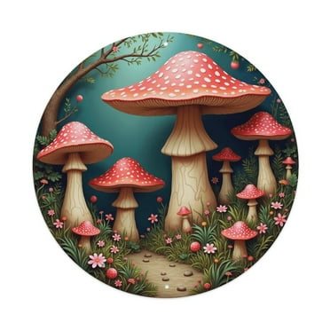 Red Mushrooms Forest Vintage Round Metal Tin Sign Nostalgic Metal Sign Home Decor for Bar Garden Kitchen Restaurant Garage 8x8 Inch