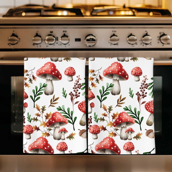 Red Mushrooms Kitchen Towels Set of 1, Maple Leaves Plants Country Botanical Absorbent Dish Towels for Kitchen, Microfiber Hand Towel, Quick Drying Tea Towel for Cleaning Decorative Dishcloths