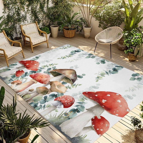 Red Mushrooms Outdoor Rug 5x7 Ft - Reversible Patio Rug Outdoor Camping Rugs, Eucalyptus Leaves Summer Botanical Watercolor Indoor Outdoor Area Rugs, Non-Slip Outdoor Carpet Runner for Deck/Porch