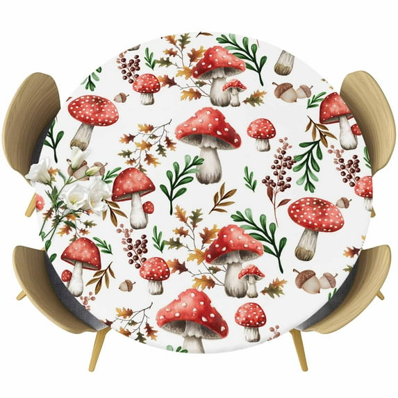 Red Mushrooms Round Tablecloth, Fitted Table Cover with Elastic for 55"-60" Round Tables, Maple Leaves Plants Country Botanical Table Cloth Outdoor Indoor Dinning Party Waterproof Tablecloths