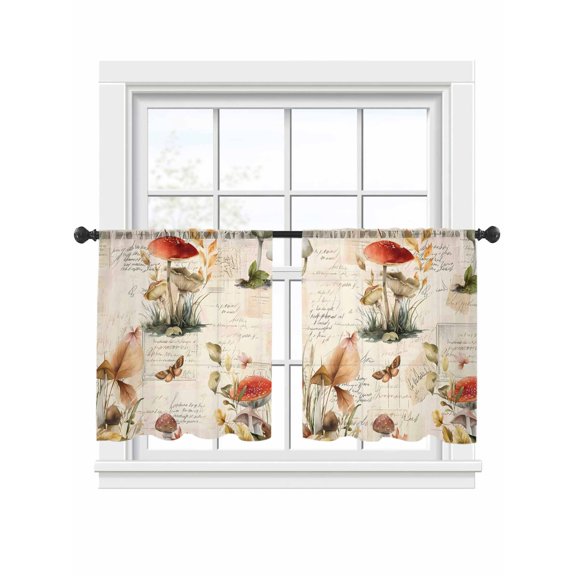 Red Mushrooms Sheer Curtains 2 Panels Set Butterflies Dragonflies Leaf Vintage Letter Background Sheer Window Curtains Light Filtering Rod Pocket Voile Drapes for Bedroom Living Room 52"x54"