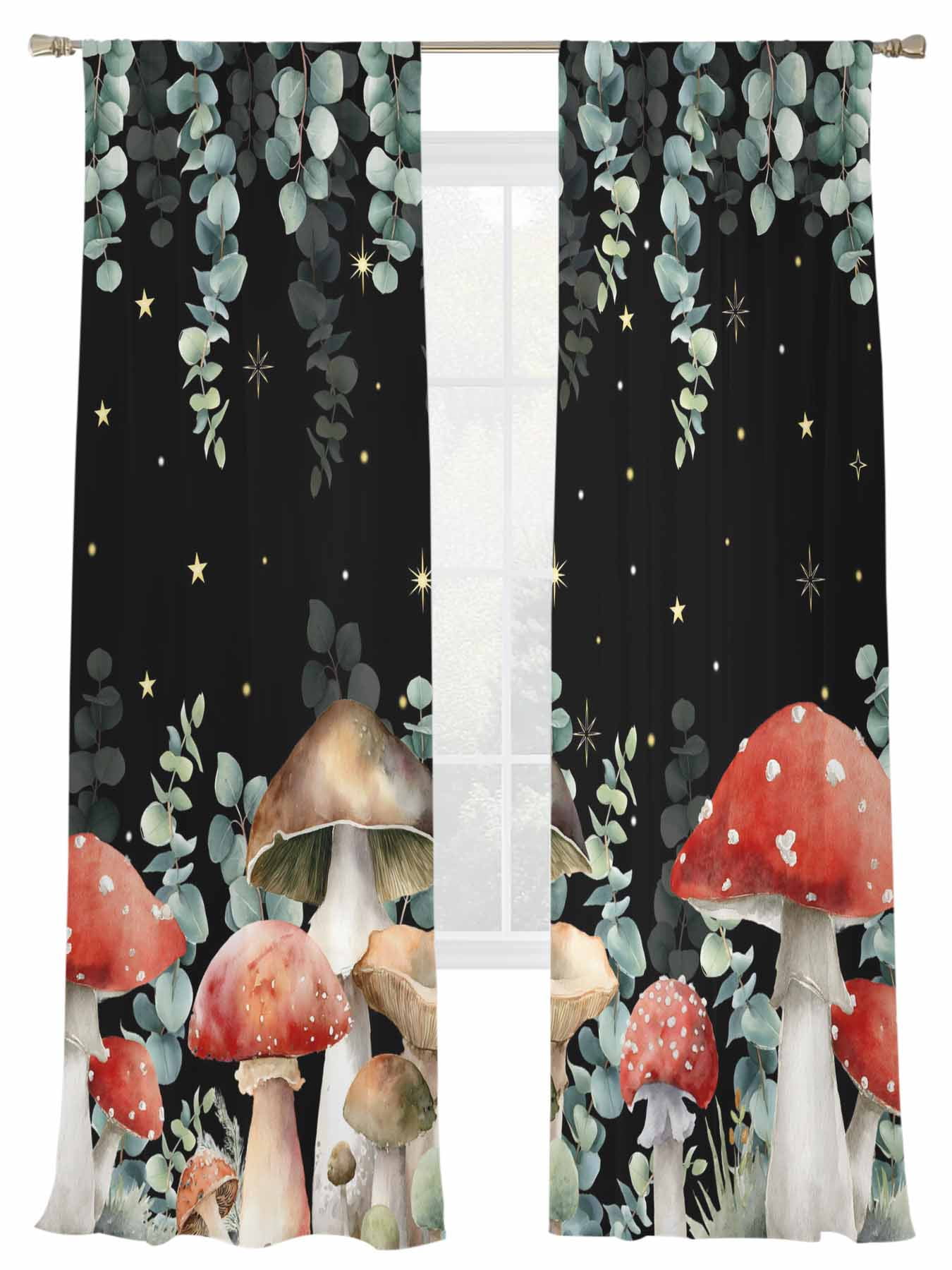 Red Mushrooms Sheer Curtains 2 Panels Set Eucalyptus Leaves Plants ...