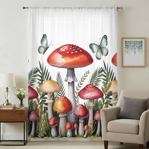 Red Mushrooms Sheer Curtains 72 Inches Long, Spring Forest Leaves Butterfly Plants Light Filering Curtains, Breathable Simi Curtain Privacy Drapes for Living Room Bedroom Lightweight Window Treatment