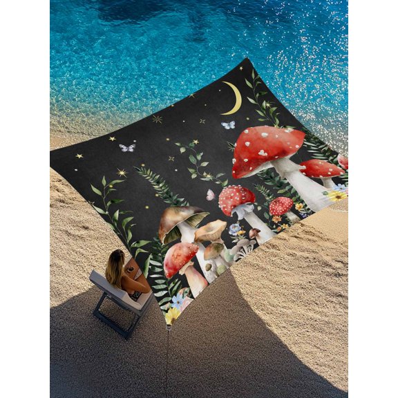 Red Mushrooms Sun Shade Sail 12' x 16', Plants Leaves Black Night Sky Stars Moon Rectangle Outdoor Sunshade Canopy, Waterproof UV Block Patio Covers for Garden Yard Beach