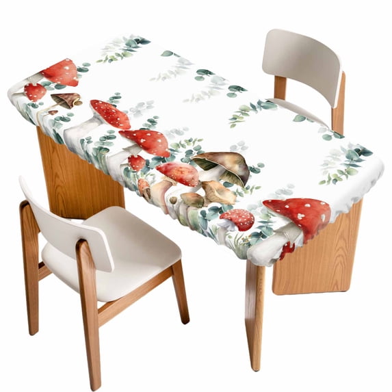 Red Mushrooms Table Cloths for 3 Foot Rectangle Tables, Eucalyptus Leaves Summer Botanical Watercolor Patio Waterproof Elastic Fitted Tablecloths, Washable Rectangular Table Cover for Camping