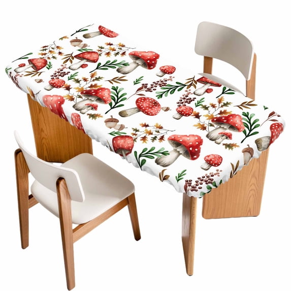 Red Mushrooms Table Cloths for 3 Foot Rectangle Tables, Maple Leaves Plants Country Botanical Patio Waterproof Elastic Fitted Tablecloths, Washable Rectangular Table Cover for Camping