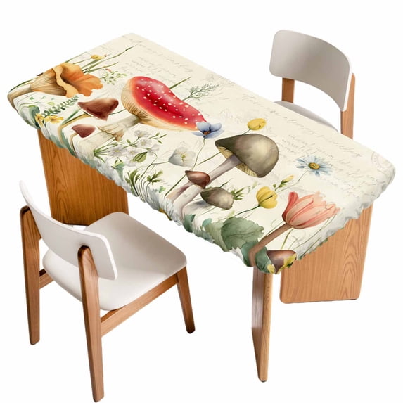 Red Mushrooms Table Cloths for 3 Foot Rectangle Tables, Spring Floral Farmhouse Botanical Elegant Patio Waterproof Elastic Fitted Tablecloths, Washable Rectangular Table Cover for Camping