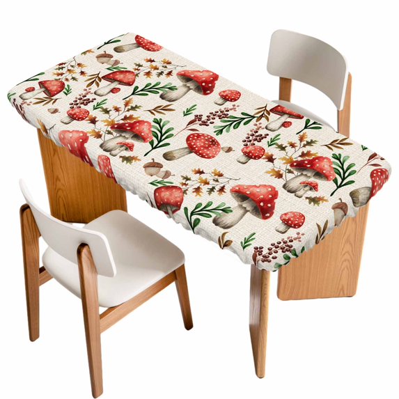 Red Mushrooms Table Cloths for 5 Foot Rectangle Tables, Maple Leaves Plants Vintage Botanical Patio Waterproof Elastic Fitted Tablecloths, Washable Rectangular Table Cover for Camping