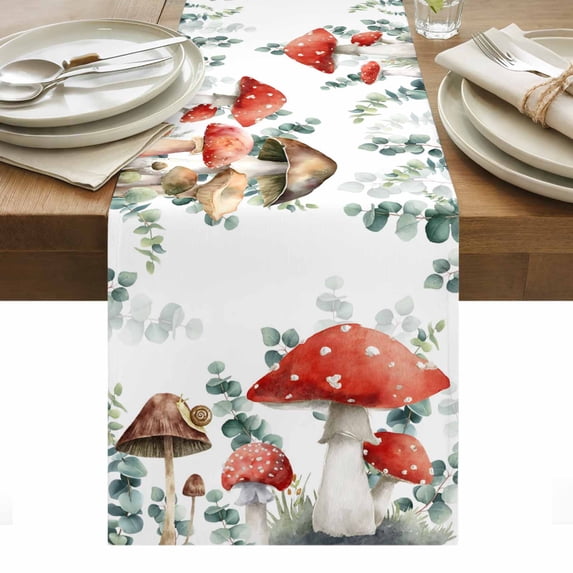 Red Mushrooms Table Runner - 108 Inch Long, Kitchen Dining Table Runner Dresser Scarves, Eucalyptus Leaves Summer Botanical Watercolor Farmhouse Decor for Coffee Tables Wedding Party Banquet