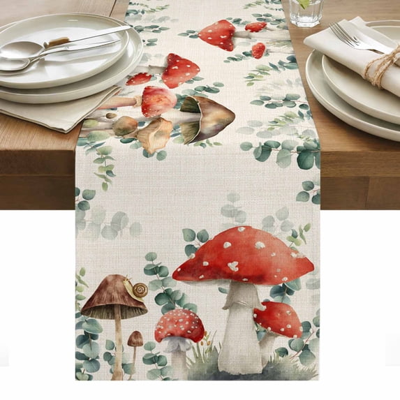 Red Mushrooms Table Runner - 72 Inch Long, Kitchen Dining Table Runner Dresser Scarves, Eucalyptus Leaves Summer Botanical Rustic Farmhouse Decor for Coffee Tables Wedding Party Banquet