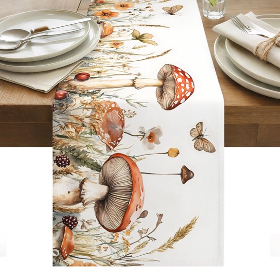 Red Mushrooms Table Runner, Fall Grass Brown Mushroom Rustic Flying Butterfly Flower Washable Kitchen Table Runners for Dining Table Decorations Party/Restaurant/Indoor Outdoor Use, 13x36in