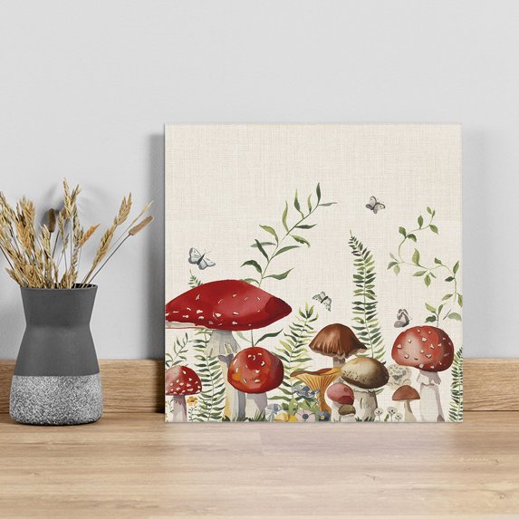 Red Mushrooms Wall Art Painting on Canvas, Sage Green Eucalyptus Butterflies Plants Canvas Art Home Prints Wall Art Framed Modern Artwork for Living Room Bedroom Wall Decor 12x12in