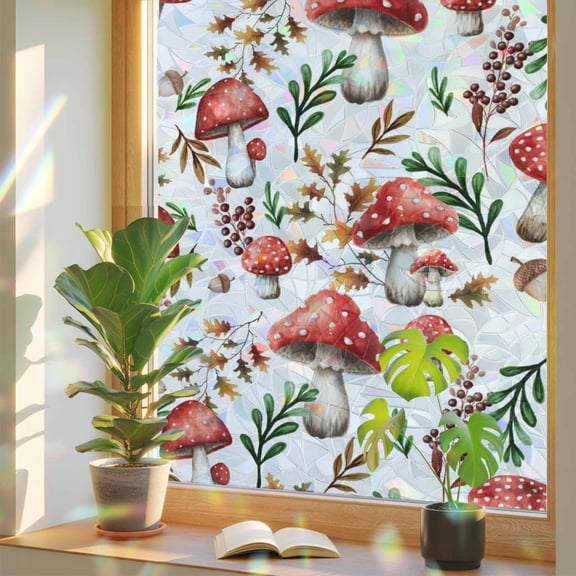 Red Mushrooms Window Privacy Film Rainbow Static Cling Stain Glass Window Film for Glass Door, Decorative Heat Blocking Sunroof Decal Sticker for Car 19.6"x39.3" Maple Leaves Plants Country Botanical