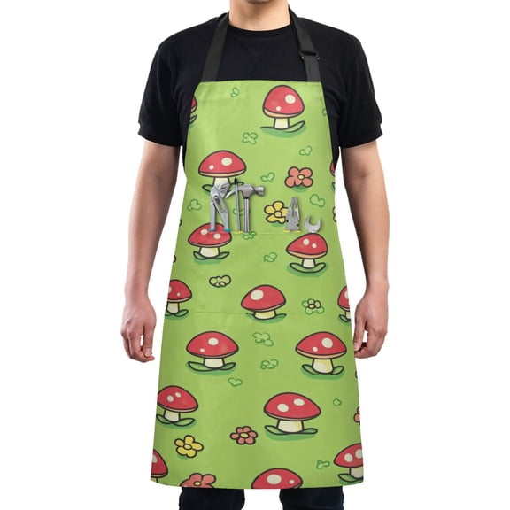 Red Mushrooms and Flowers on Green Chef Kitchen Apron with Pockets for Women Waterproof Aprons for Cooking Baking