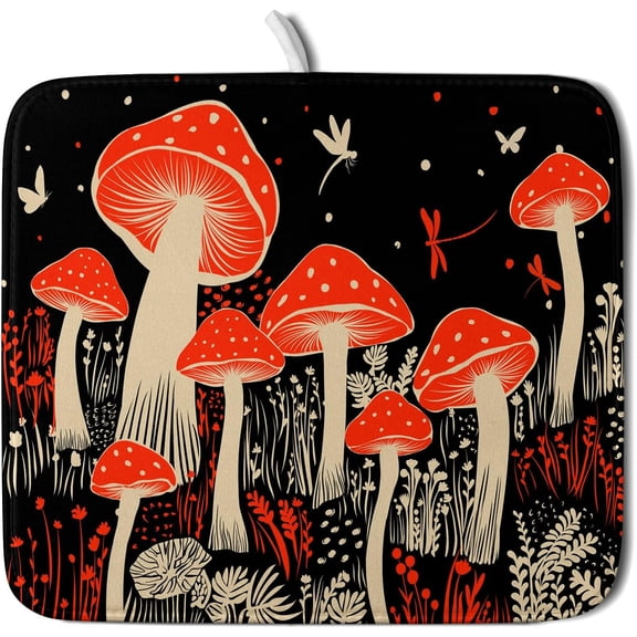 Red Mushroon Dish Drying Mat for Kitchen Counter Black Microfiber Absorbent Dish Pad Small
