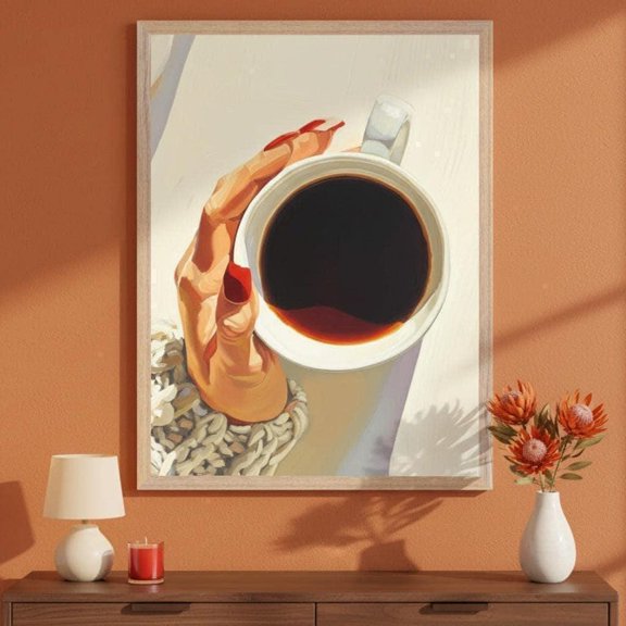 Red Nail Coffee Mug Art, Minimalist Kitchen Decor, Coffee Lover Illustration, Unframed Paper Poster 8x10in
