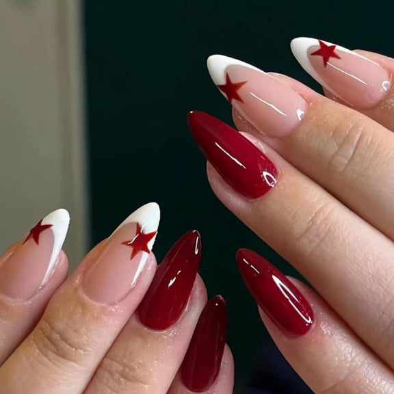 Red Nails Press on Almond Medium Fake Nails French Glue on Nails Bling Christmas Acrylic Nails 24Pcs Stiletto Manicure Stick on Nails Matte Artificial Nails