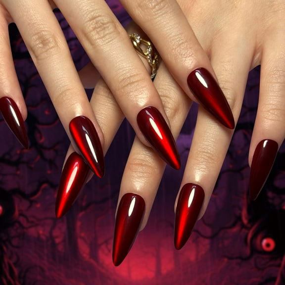 Red Nails Press On,Artificial Nails,Red Vampire Cat Eye Press on Nails Long Stiletto Acrylic Nails Press Ons Holographic Artificial False Fake Nails With Glue on Nails Glitter(Tool Kit)