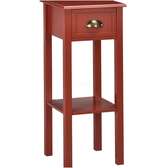 Red Narrow 2-Tier End Table with Drawer, Slim Side Table with Storage Shelf for Living Room or Bedroom