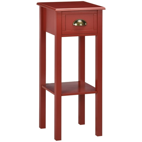 Red Narrow End Table with Drawer, 2-Tier Side Table for Bedroom or Living Room