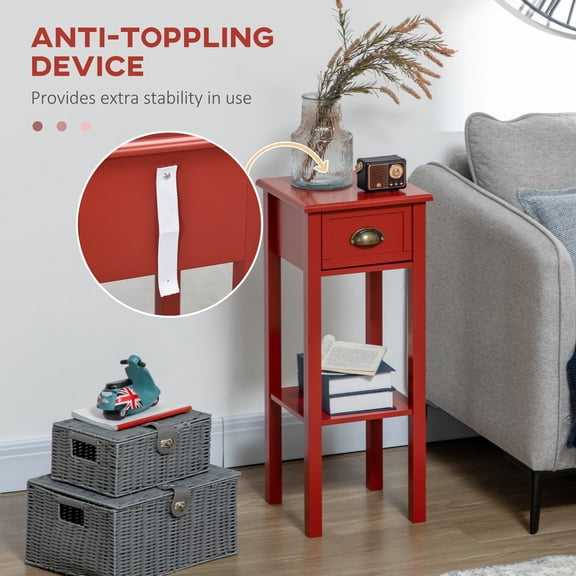 Red Narrow End Table with Drawer and Shelf for Living Room, 2-Tier Small Side Table for Bedroom