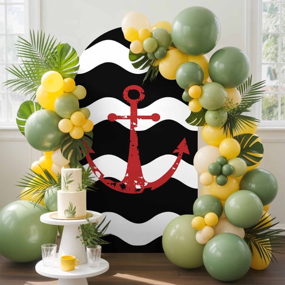 Red Nautical Arch Backdrop Cover, 6FT, Anchor Navy Blue Wavy Stripes Spandex Arch Covers Double-Sided Backdrop for Wedding Birthday Party Photo Background Decoration