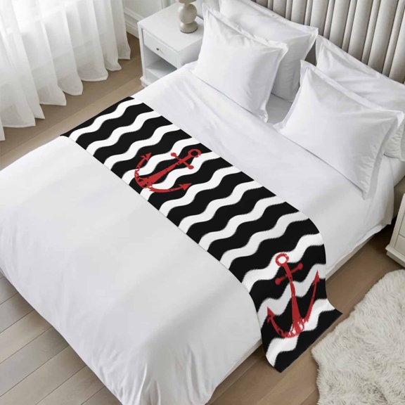 Red Nautical Bed Runner Scarf, Anchor Navy Blue Wavy Stripes King Bed Scarf Runner, No Fading Decorative Bedding Scarf for Bedroom Hotels Homes and Guestrooms