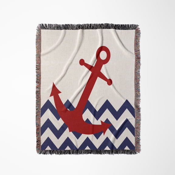 Red Nautical Boat Anchor On Chevron Pattern, Woven Blanket