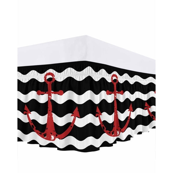 Red Nautical Ruffle Bed Skirt King Size Anchor Navy Blue Wavy Stripes Adjustable Elastic Dust Bed Skirts Wrap Around Bedskirt Wrinkle Free Easy Fit with 16 Inch Drop