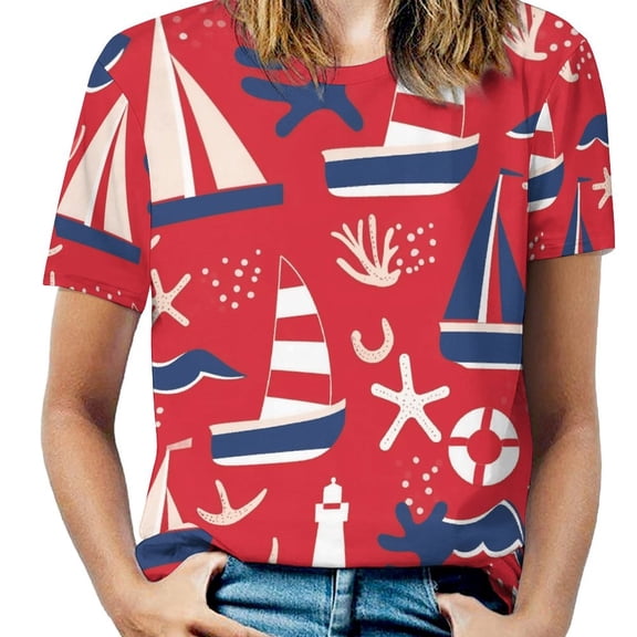 Red Nautical Sailboats Women's T-Shirt Short Sleeve T Shirts Tops Tee Ladies Loose T