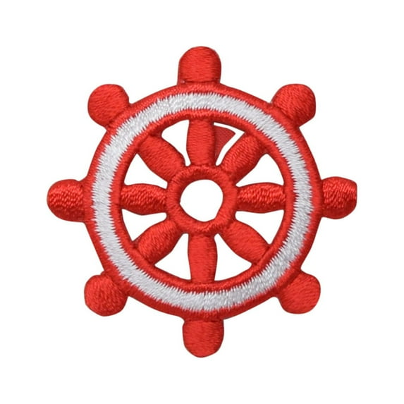 Red Nautical Ships Wheel Iron on Embroidered Patch
