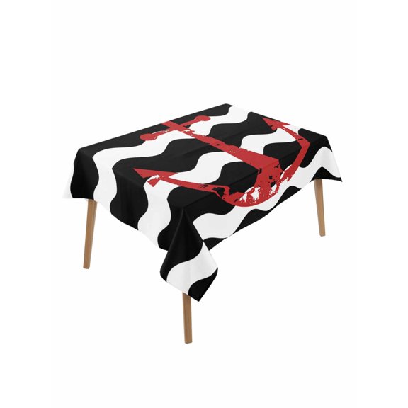 Red Nautical Table Cloth 60x84 Inch Rectangle, Anchor Navy Blue Wavy Stripes Waterproof Tablecloth Washable Table Cover for Party Picnic Dinner Decor