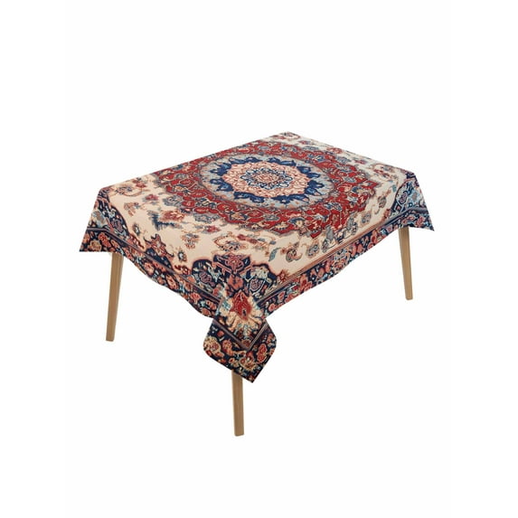 Red Navy Blue Boho Rectangle Tablecloth, Vintage Ethnic Geometric Waterproof & StainResistant Tablecloth, Washable Oil-proof Table Cover for Dining/Party/Wedding/Camping/Buffet 60x102 In