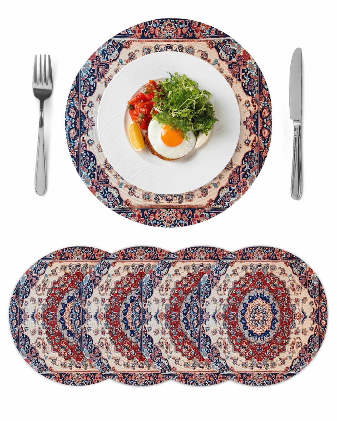 Red Navy Blue Boho Round 13 Inch Placemats Set of 4, Vintage Ethnic ...