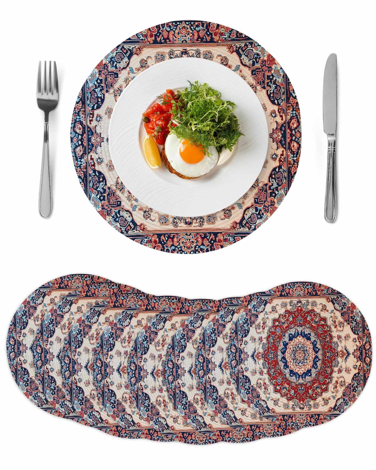 Red Navy Blue Boho Round 13 Inch Placemats Set of 8, Vintage Ethnic ...