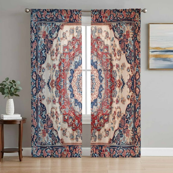 Red Navy Blue Boho Semi Sheer Window Curtains 84 Inches Long, Vintage Ethnic Geometric Rod Pocket Voile Silky Chiffon Curtain Light Filtering Drapes for Living Room, Kitchen, 52"x84", 2 Panels