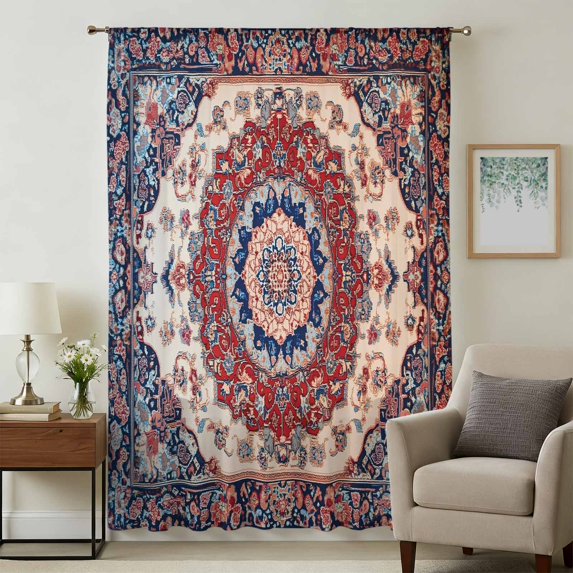 Red Navy Blue Boho Sheer Curtains 54 Inches Long, Vintage Ethnic Geometric Light Filering Curtains, Breathable Simi Curtain Privacy Drapes for Kitchen Bathroom Nursery Small Window Treatment