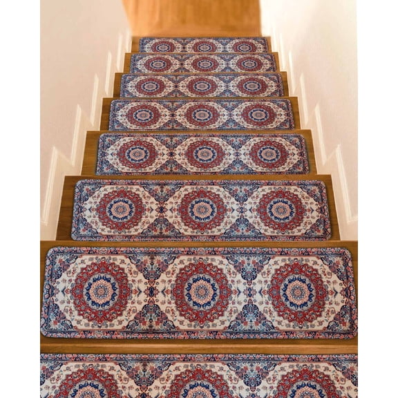 Red Navy Blue Boho Stair Treads for Wooden Steps Indoor Runner Rug Carpet, Vintage Ethnic Geometric 4 Pieces Peel and Stick Staircase Step Treads Covers Washable Throw Door Mats, 30"x8"