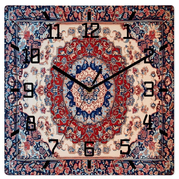 Red Navy Blue Boho Wooden Wall Clock Silent Non Ticking, Vintage Ethnic Geometric Square Wall Clocks Battery Operated, Decor Clock for Home Office, Living Room, Kitchen, 12 Inch