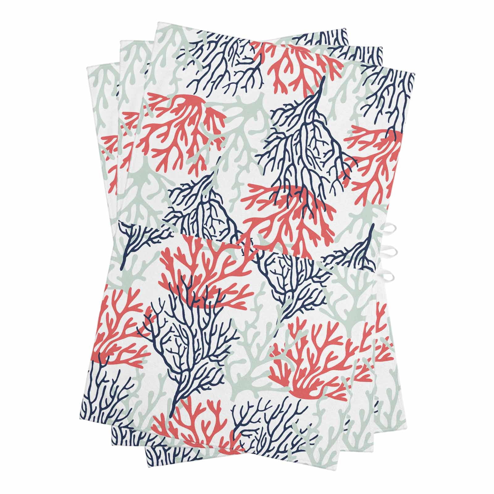 Red Navy Blue Coral Coastal Kitchen Towels Set of 3, Water Absorbent Dish Towel, Summer Beach Seaside Nautical Decorative Hand Towels - Quick Drying Cloth for Cooking Baking, 18x28 Inch